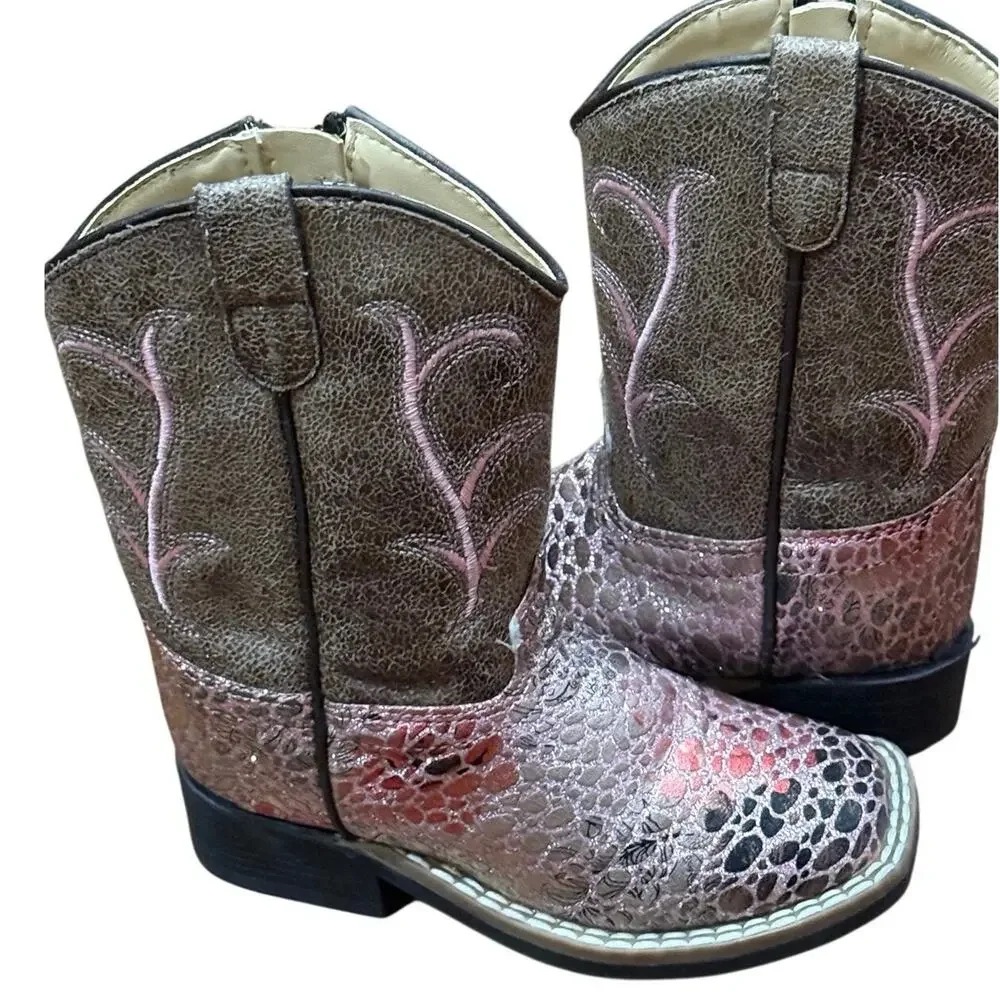 Old West Girls Pink Western Cowboy Boots Square Toe Side Zip Size 8C VB1054